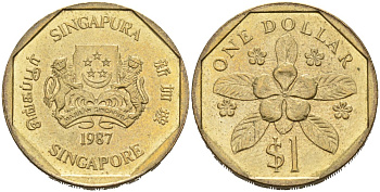 Сингапур 1 доллар 1987 барвинок KM 54b алюминиевая бронза 4575-1051