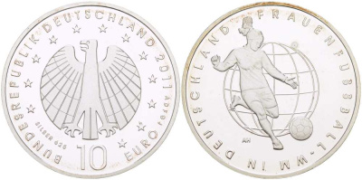 ФРГ 10 евро 2011 чемпионат мира по футболу в Германии 2011 года среди женщин KM 299, DE.S 10.51 серебро PROOF 1082-9-31
