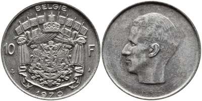 БЕЛЬГИЯ 10 ФРАНКОВ 1970 BELGIE, БОДУЭН I (1951-1993) KM 156.1 никель 63-854