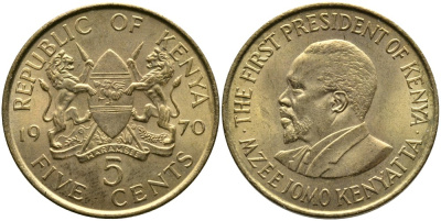 Кения 5 центов 1970 Джомо Кениата KM 10 никель латунь 4529-942