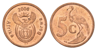 ЮАР 5 центов 2006 герб, райский журавль, год-тип KM 486 сталь плакированная медью UNC 4687-266