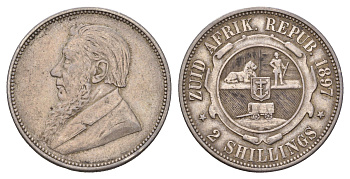 ЮАР 2 шиллинга 1897 ZAR, Трансвааль, Крюгер KM 6 серебро 1531-1432