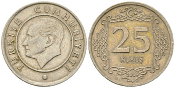 Турция 25 курушей 2009 KM 1242 медно-никель 4610-745