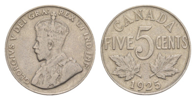 Канада 5 центов 1925 Георг V (1910-1936), редкий год - 201.921 экземпляров KM 29 никель 1518-1513