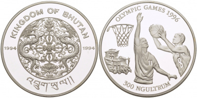 Бутан 300 нгултрумов 1994 XXVI летние Олимпийские Игры, Атланта 1996 - Баскетбол KM 73 серебро  PROOF 02-112-24