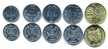 Молдова лот из 5 монет 2008-2013 1, 5, 10, 25, 50 бани KM 1, 2, 3, 7, 10 UNC N2-03