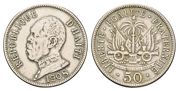 Гаити 50 сантимов 1908 Президент Пьер Нор Алексис KM 56 медно-никель 413-5123