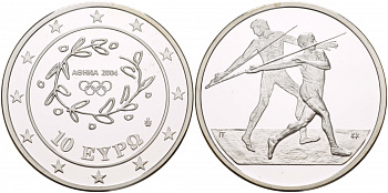 Греция 10 евро 2003 XXVIII летние Олимпийские игры 2004 года в Афинах, метание копья KM 193 серебро PROOF 1088-4-54