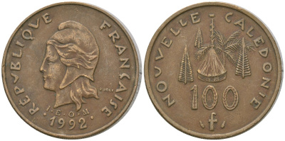Французская Новая Каледония 100 франков 1992 хижина среди сосен и пальм, (IEOM) KM 15, Schoen 16, Lec 137 никель латунь 4140-643