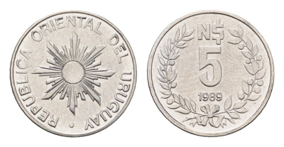 Уругвай 5 новых песо 1989 KM 92 нержавеющая сталь UNC 4684-1248
