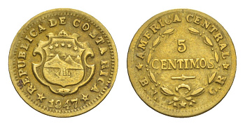 Коста-Рика 5 сентимо 1947 KM 179 латунь 1522-545