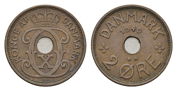 Дания 2 эре 1940 N, Кристиан X (1912-1947) KM 827 бронза 4701-921