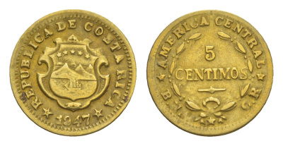 Коста-Рика 5 сентимо 1947 KM 179 латунь 1522-545