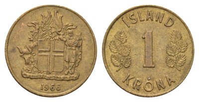 Исландия 1 крона 1966 KM 12a никель латунь aUNC 4691-442