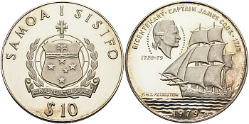 Самоа 10 тала 1979 200 лет открытиям капитана Кука, в оригинальной коробке, с сертификатом KM 33а серебро PROOF 3-4-3-29