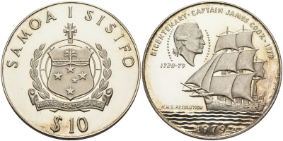 Самоа 10 тала 1979 200 лет открытиям капитана Кука, в оригинальной коробке, с сертификатом KM 33а серебро PROOF 3-4-3-29