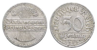 Германия 50 пфеннигов 1920 A KM 27, J. 301, Weege 10 алюминий 4629-556
