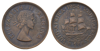 ЮАР 1 пенни 1954 Елизавета II (1952-2022), парусник KM 46 бронза 4123-1045