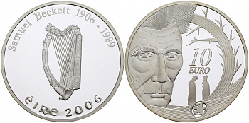 Ирландия 10 евро 2006 100 лет со дня рождения Сэмюэля Беккета, писатель, драматург, нобелевский лауреат KM 45 серебро PROOF 01-182-42