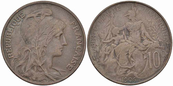 Франция 10 сантимов 1906 тип Дюпюи KM 843, LA FRANC 136.16 бронза 109-225
