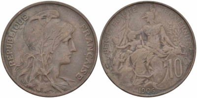 Франция 10 сантимов 1906 тип Дюпюи KM 843, LA FRANC 136.16 бронза 109-225