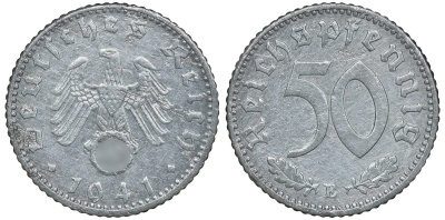 Германия 50 рейхспфеннигов 1941 E, цена по каталогу МТ 36 евро KM 96, J. 372 алюминий 72-1317