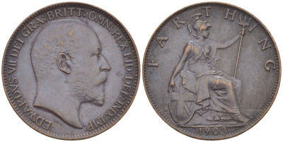 Великобритания 1 фартинг 1903 Эдуард VII (1901-1910), KM 792, Spink 3992 бронза 4543-947