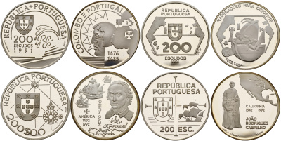 Португалия набор из 4 монет по 200 эскудо 1992 Великие Португальские открытия, серия III, сертификат, коробка KM 658a, 659a, 660a, 661a серебро PROOF 1-4-6-13