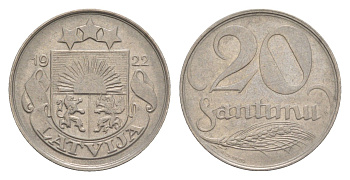 Латвия 20 сантимов 1922 год-тип KM 5 никель 4658-1249