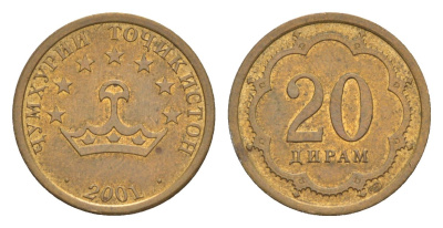 Таджикистан 20 дирам 2001 KM 4 сталь плакированная латунью aUNC 4632-241