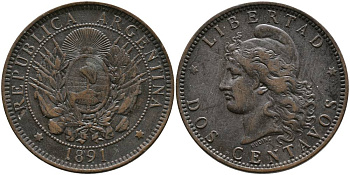 Аргентина 2 сентаво 1891 голова свободы влево KM 8 бронза 4531-1035