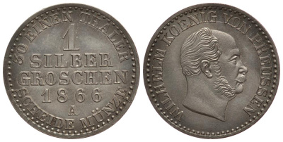 ПРУССИЯ 1 ГРОШ 1866 A KM 485, Jaeger 89, AKS 103 серебро 1522-914