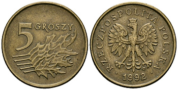 Польша 5 грошей 1992 MW KM 278 латунь 4136-769
