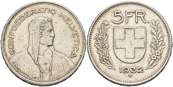 Швейцария 5 франков 1932 В KM 40 серебро 88-1012