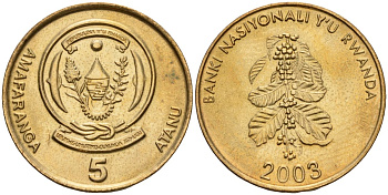 Руанда 5 франков 2003 KM 23 сталь плакированная латунью UNC 00-00