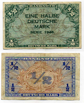 ФРГ 1/2 марки 1948 первый послевоенный выпуск Pick 1a бумага 7484-5-1-2