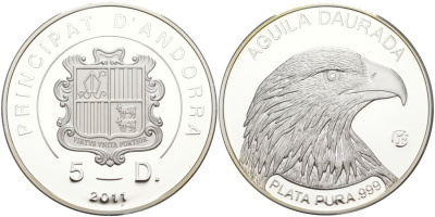 Андорра 5 динеров 2011 беркут KM 364 серебро PROOF 00-00