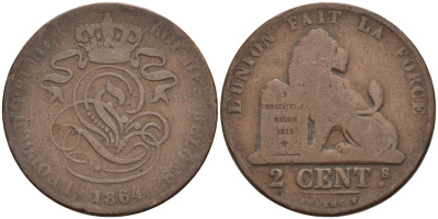 Бельгия 2 сантима 1864 Belges KM 4.2 медь 4595-211