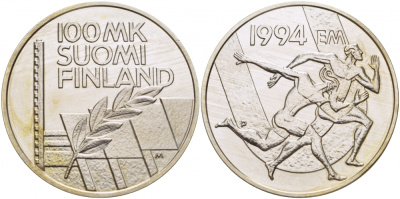 Финляндия 100 марок 1994 стадион дружбы, бег KM 78 серебро UNC 1515-1143