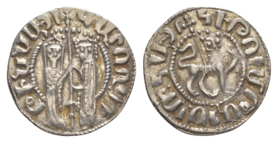 Киликийская Армения трам 1226-1271 Хетум I и царица Забель, держат крест/лев с патриаршим крестом  серебро    1516-633