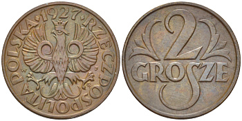 ПОЛЬША 2 ГРОША 1927 w KM 9a, Parchimowicz 102c бронза 4181-1156