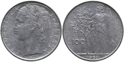 ИТАЛИЯ 100 ЛИР 1963 R, АФИНА KM 96.1 нержавеющая сталь 97-544