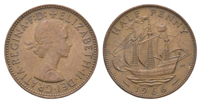 Великобритания 1/2 пенни 1966 Елизавета II (1952-2022) KM 896, Spink 4158 бронза 4662-1257