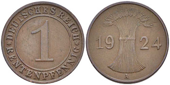 Германия 1 рентенпфенниг 1924 A KM 30, J. 306 бронза 112-1127