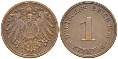 ГЕРМАНИЯ 1 ПФЕННИГ 1914 J KM 10, J. 10, Weege 2 медь 206-433