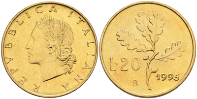 Италия 20 лир 1995 R, дубовый лист KM 97.2 алюминиевая бронза  UNC  4594-947