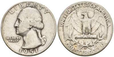 США 25 центов = квотер 1951 D, Вашингтон KM 164 серебро 85-1142