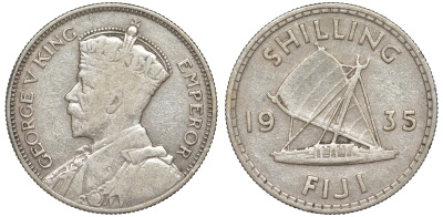 Фиджи 1 шиллинг 1935 Георг V (1910-1936), парусник KM 4 серебро    91-1024