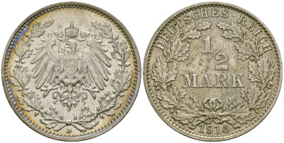 ГЕРМАНИЯ 1/2 МАРКИ 1914 D J. 16, KM 17 серебро UNC 413-6222