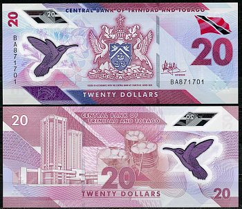Тринидад и Тобаго 20 долларов 2020 колибри, здание Центрального банка Pick 63 пластик UNC (пресс) 447-98-2